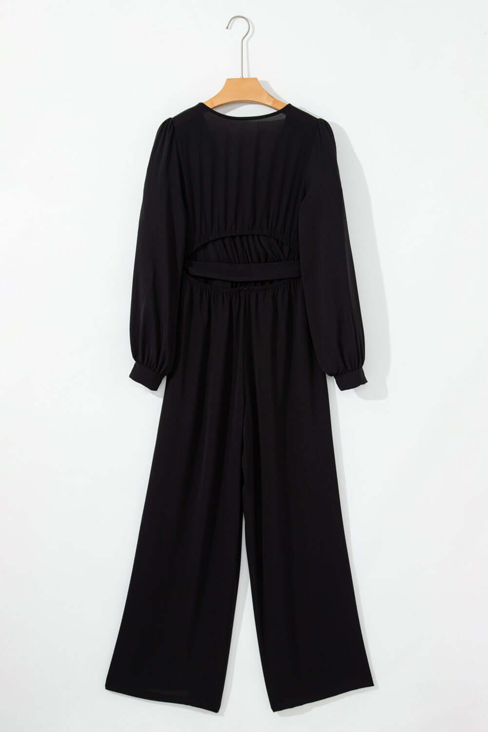 Black Cutout Back Belted V Neck Wide Leg Jumpsuit Bottoms/Jumpsuits & Rompers Luxurious Weddings