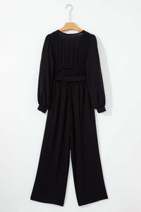 Black Cutout Back Belted V Neck Wide Leg Jumpsuit Bottoms/Jumpsuits & Rompers Luxurious Weddings