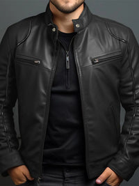 Men's Full Size Leather Motorcycle Jacket with Zipper Front Plus Size modeled by a man in a black leather jacket.