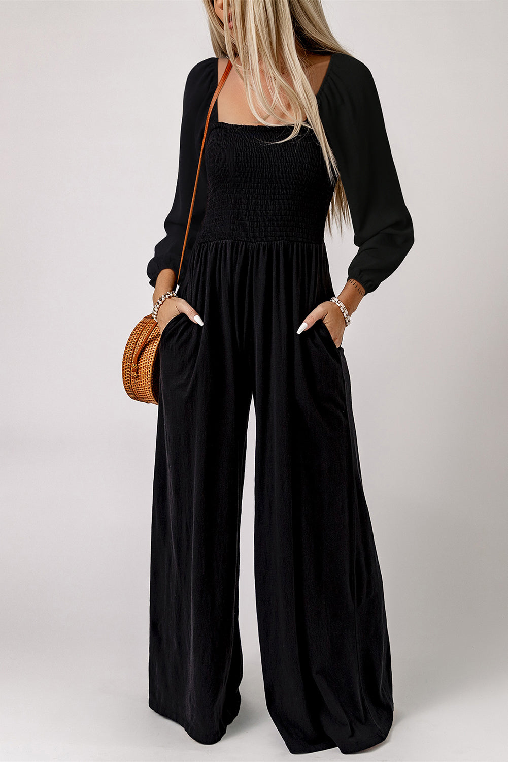 Black Smocked Square Neck Long Sleeve Wide Leg Jumpsuit Luxurious Weddings