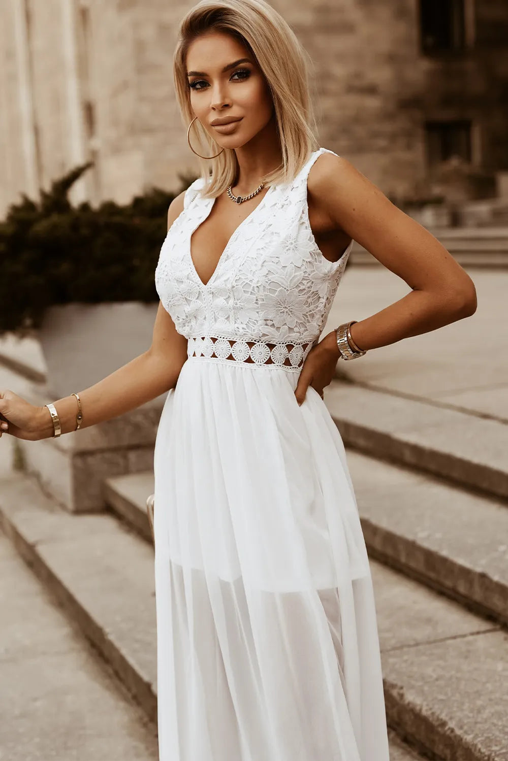 Slit Lace Detail V-Neck Dress wedding dress Luxurious Weddings
