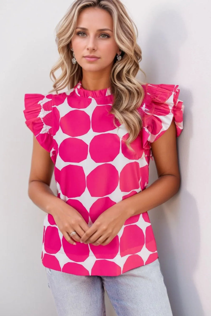 Bubblegum Pattern Frilled Collar Flutter Sleeve Top Blouses Luxurious Weddings