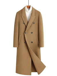 Men's plus size double-breasted long wool coat in brown, perfect for formal wear and accessories in NZ.