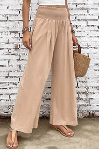 Khaki Smocked Wide Waistband High Waist Wide Leg Pants Bottoms/Pants & Culotte Luxurious Weddings