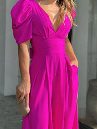 Full Size Cutout V-Neck Puff Sleeve Jumpsuit Plus Size Jumpsuits Luxurious Weddings