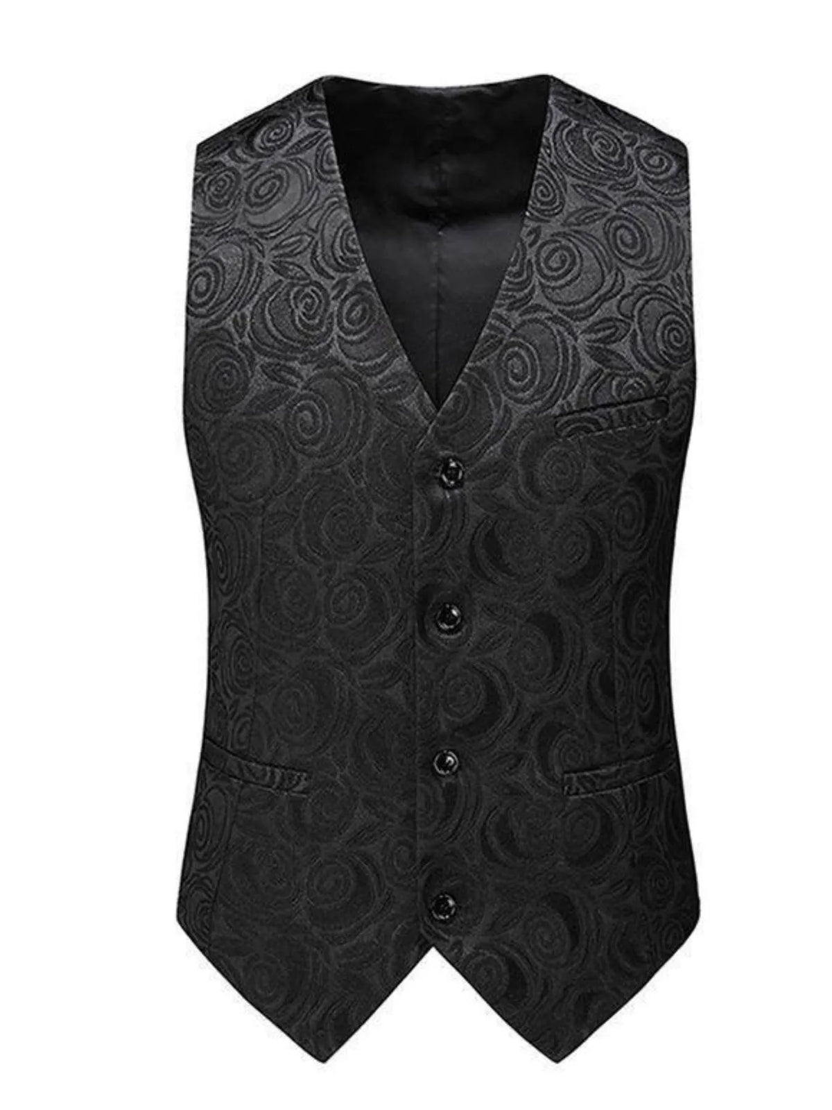 Men's plus size V-neck button-up vest in black with stylish swirl pattern and front pockets.