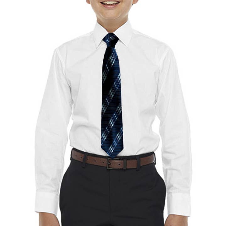 White Boys Dress Shirt, Blue Patterned Tie