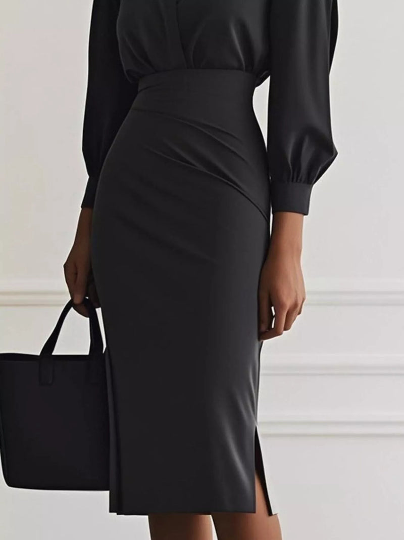Ruched Midi Shirt Dress with Side Slit featuring a sleek design and elegant side slit for a sophisticated look.