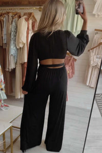 Black Cutout Back Belted V Neck Wide Leg Jumpsuit Bottoms/Jumpsuits & Rompers Luxurious Weddings