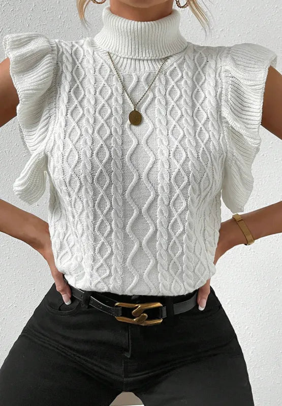 Cable-Knit Turtleneck Cap Sleeve Sweater Sweater Luxurious Weddings