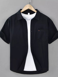 Men's plus size short sleeve button up shirt in black with pocket, perfect for casual wear.