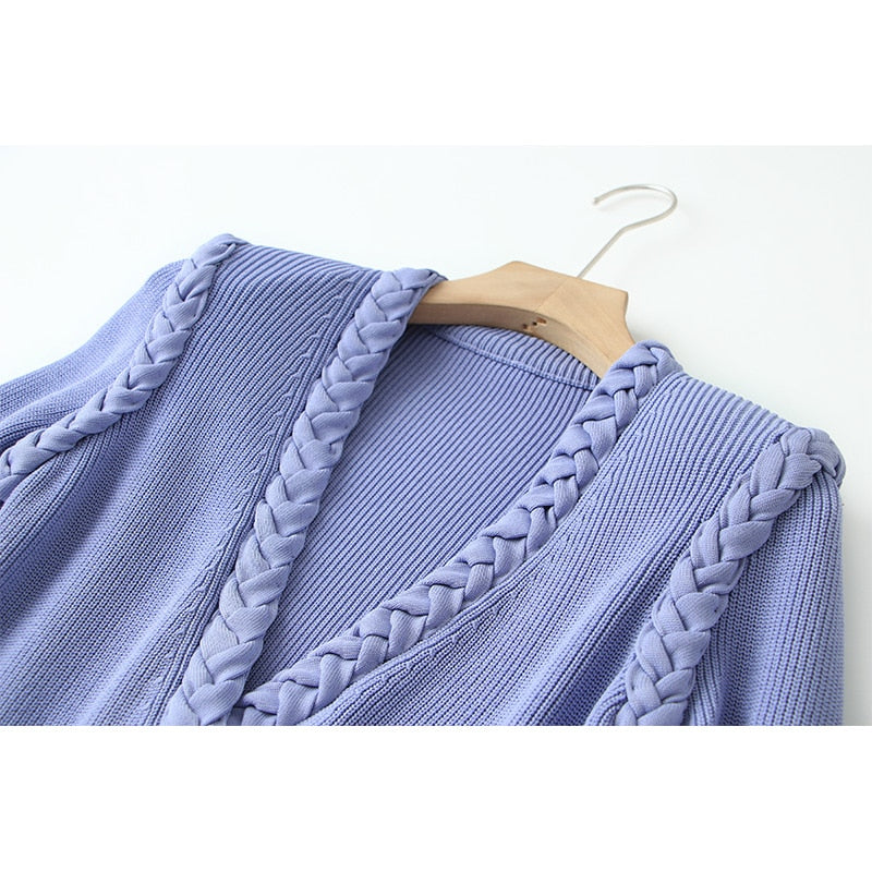 Italian Style Handwork Braided Knitting Dress V neck Long Sleeve