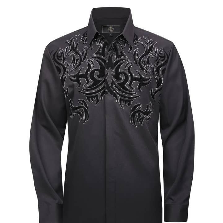 Men's Embellished Patterned Dress Shirt/Black