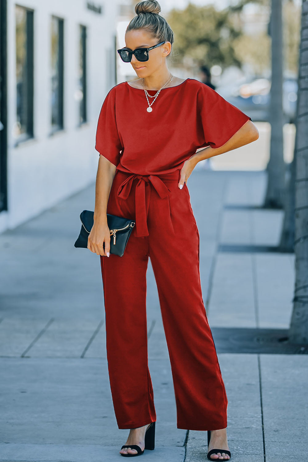 Fiery Red Belted Wide Leg Jumpsuit Bottoms/Jumpsuits & Rompers Luxurious Weddings