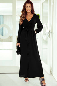 Black Cutout Back Belted V Neck Wide Leg Jumpsuit Bottoms/Jumpsuits & Rompers Luxurious Weddings