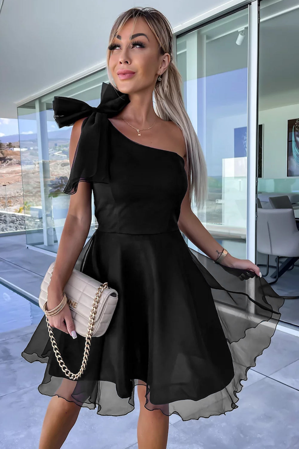 Black Bowtie Tulle Overlay Skater Dress Dresses/Mini Dresses Luxurious Weddings