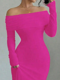 Off-shoulder long sleeve bodycon maxi dress in vibrant pink, perfect for luxurious weddings and special occasions.