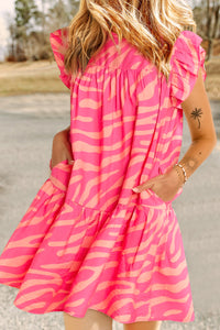 Pink Zebra Stripe Printed Ruffle Trim Pocketed Dress Dresses/Mini Dresses Luxurious Weddings