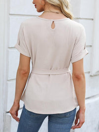 Tied Pleated Round Neck Short Sleeve Top Tops/Blouses & Shirts Luxurious Weddings