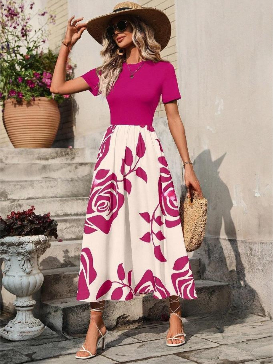 Rose Printed Round Neck Short Sleeve Dress Casual Dress Luxurious Weddings