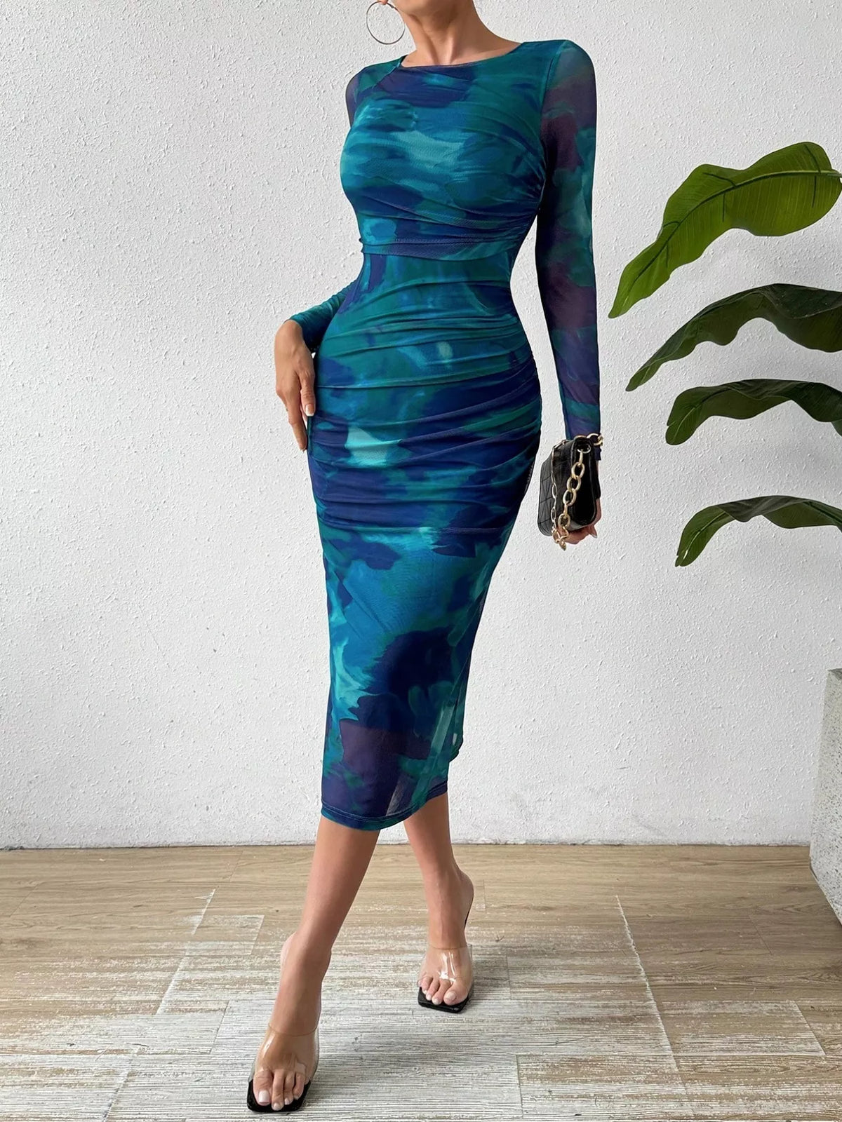 Watercolor Print Mesh Bodycon Midi Dress in blue and green, form-fitting design with long sleeves, perfect for stylish occasions.