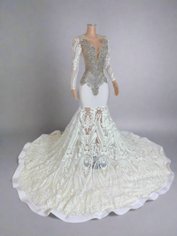 White Sequin Silver Rhinestone Prom Dress