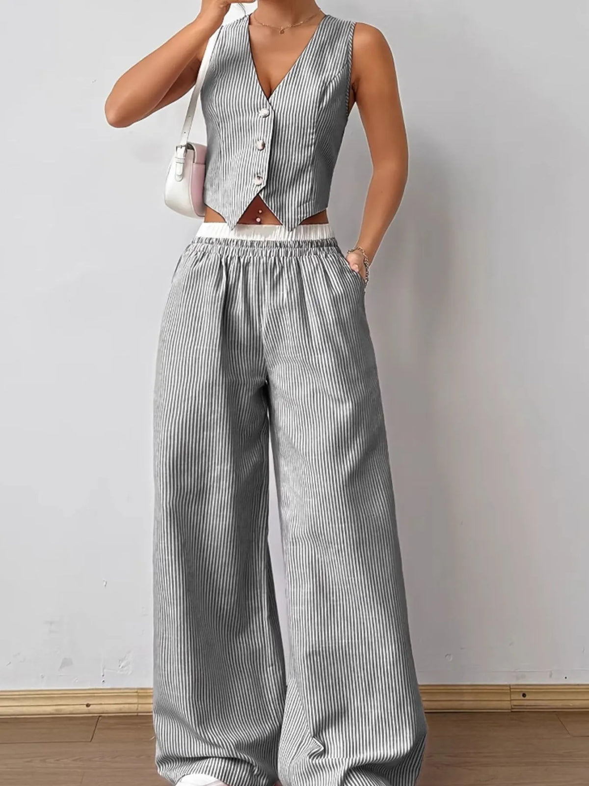Striped Vest Top and Wide Leg Pants Two-Piece Set Coords Luxurious Weddings