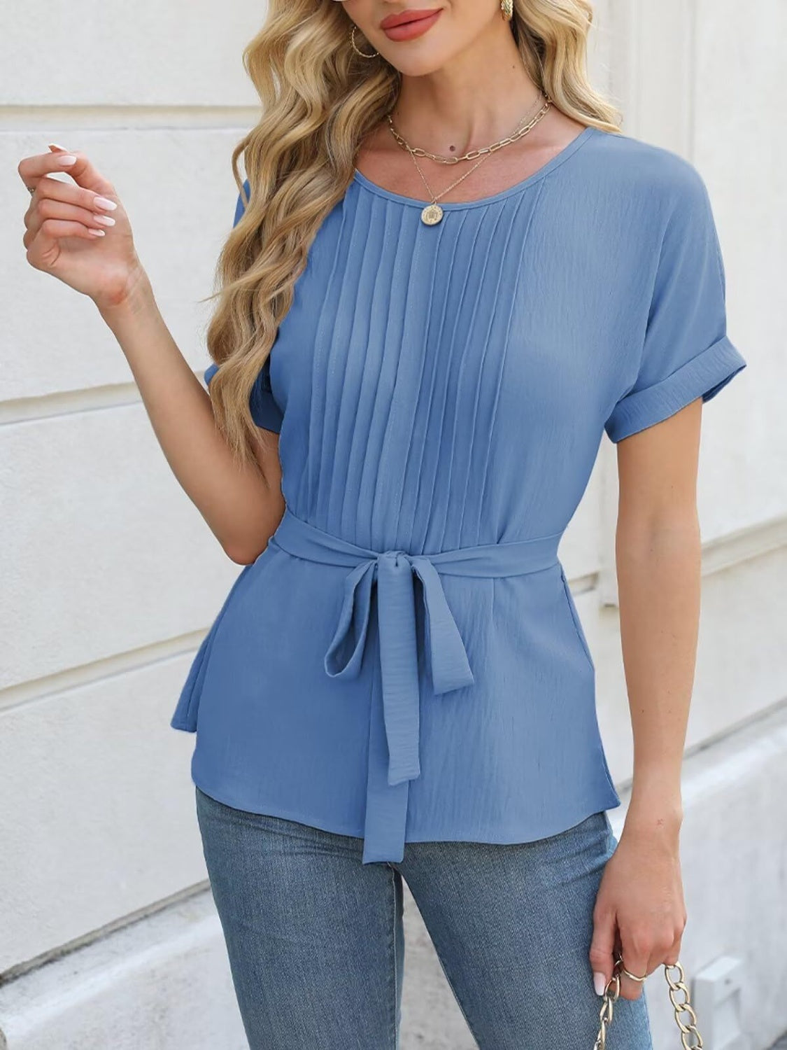 Tied Pleated Round Neck Short Sleeve Top Tops/Blouses & Shirts Luxurious Weddings