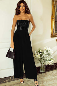 Black Sequin Tube Top Wide Leg Jumpsuit Bottoms/Jumpsuits & Rompers Luxurious Weddings