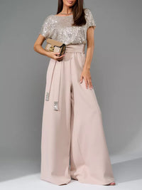 Full Size Sequin Round Neck Short Sleeve Wide Leg Jumpsuit Bottoms/Jumpsuits & Rompers Luxurious Weddings