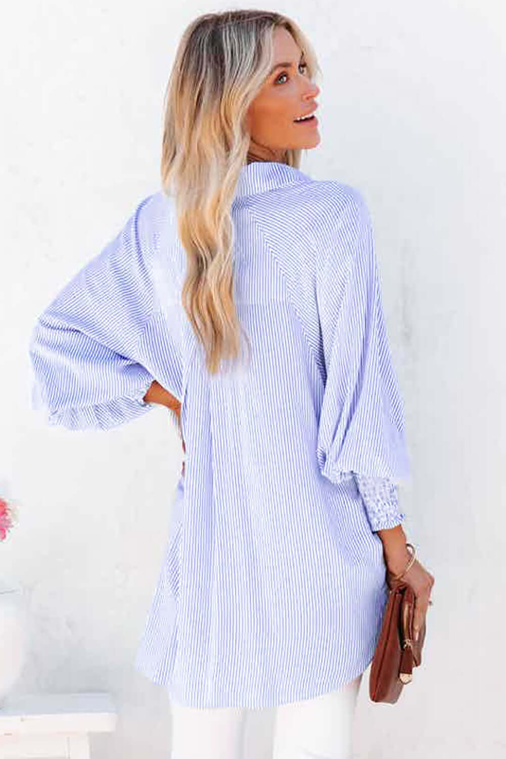 Sky Blue Smocked Cuffed Striped Boyfriend Shirt with Pocket Tops/Blouses & Shirts Luxurious Weddings