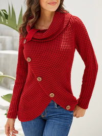 Plus size red textured turtleneck long sleeve sweater with decorative buttons, ideal for stylish and comfortable outfits.