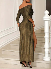 Slit Off-Shoulder Long Sleeve Midi Dress mother of the bride Luxurious Weddings