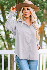 Smocked Cuffed Striped Boyfriend Shirt with Pocket Tops/Blouses & Shirts Luxurious Weddings