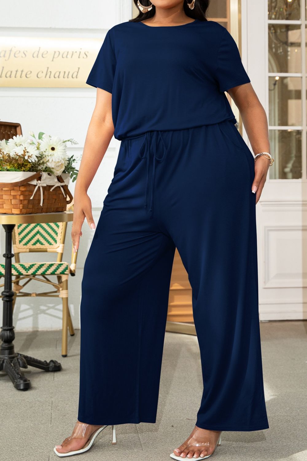 Plus Size Drawstring Waist Short Sleeve Jumpsuit Plus size Luxurious Weddings