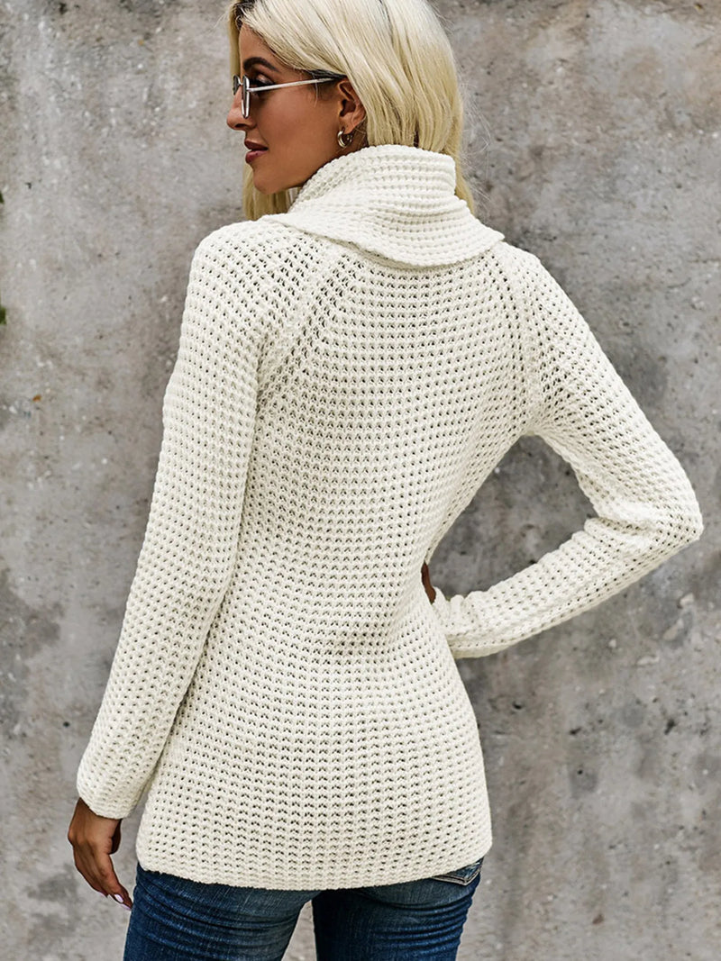Back view of a plus size full-size textured turtleneck long sleeve sweater in cream color.