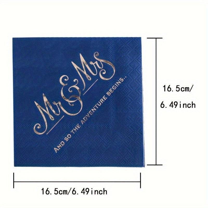 a blue napkin with gold lettering on it