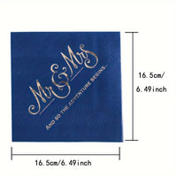 a blue napkin with gold lettering on it