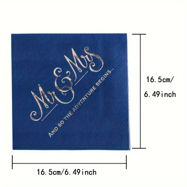 a blue napkin with gold lettering on it