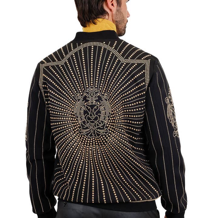 Barabas Men's Studded Lion Design Bomber Jacket Men Jackets & Coats Luxurious Weddings