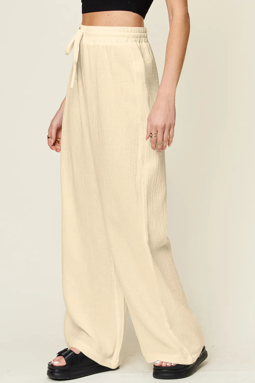 Double Take Full Size Texture Drawstring Wide Leg Pants Pants Luxurious Weddings