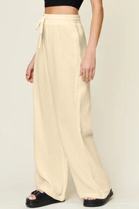 Double Take Full Size Texture Drawstring Wide Leg Pants Pants Luxurious Weddings