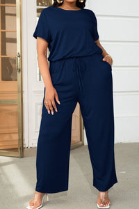Plus Size Drawstring Waist Short Sleeve Jumpsuit Plus size Luxurious Weddings