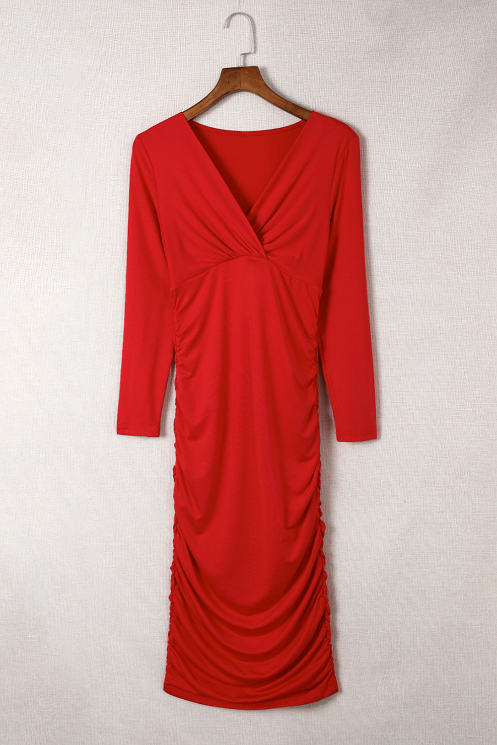 Fiery Red Long Sleeves Wrap V Neck Bodycon Dress Dresses/Bodycon Dresses Luxurious Weddings