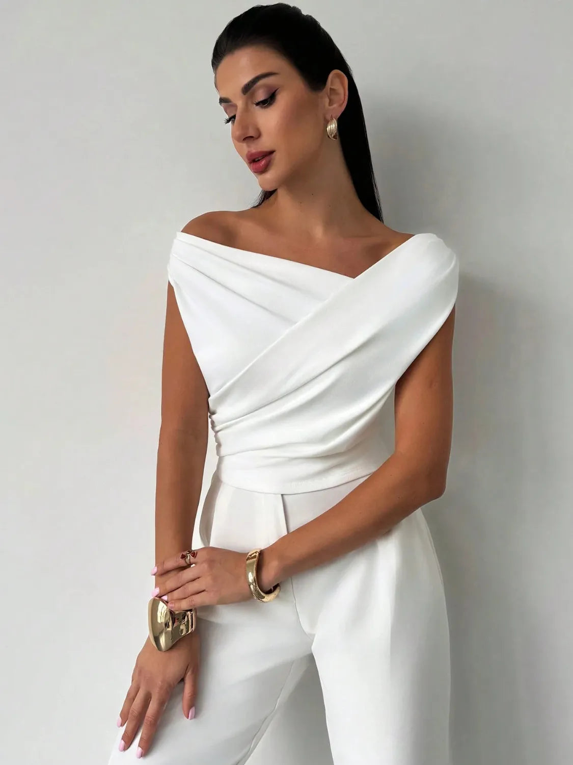 Asymmetrical Ruched Short Sleeve Top Luxurious Weddings