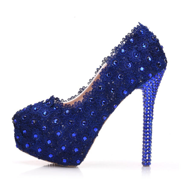 Lace Wedding Shoes Rhinestone Blue Lace Shoes rhinestone heels