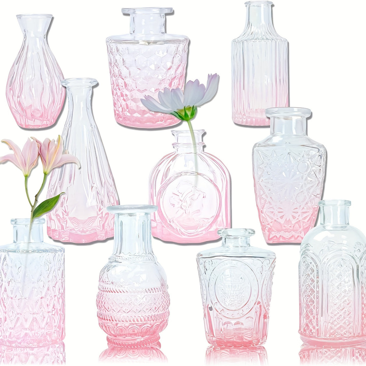 Mini Vintage Glass Bud Vase Set of 10 in Pink vases Luxurious Weddings