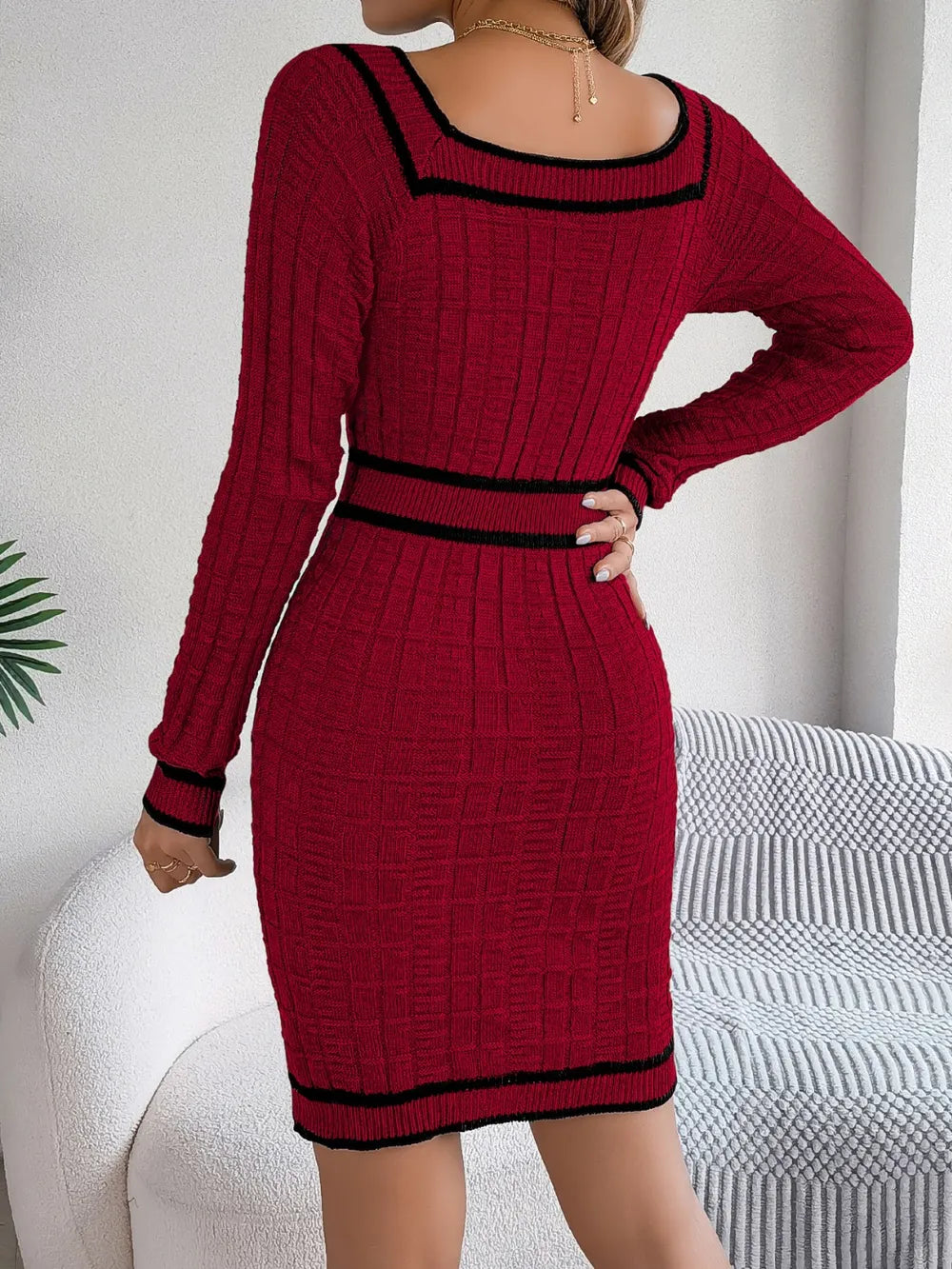 Contrast Trim Long Sleeve Sweater Dress Cardigan Luxurious Weddings