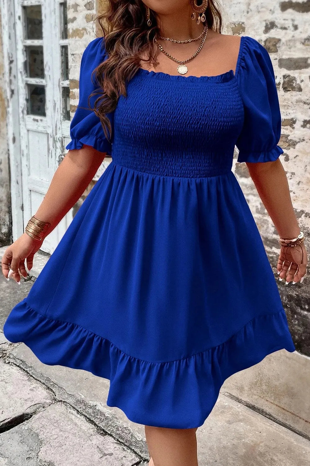 Plus Size Smocked Square Neck Short Sleeve Dress Dress Luxurious Weddings