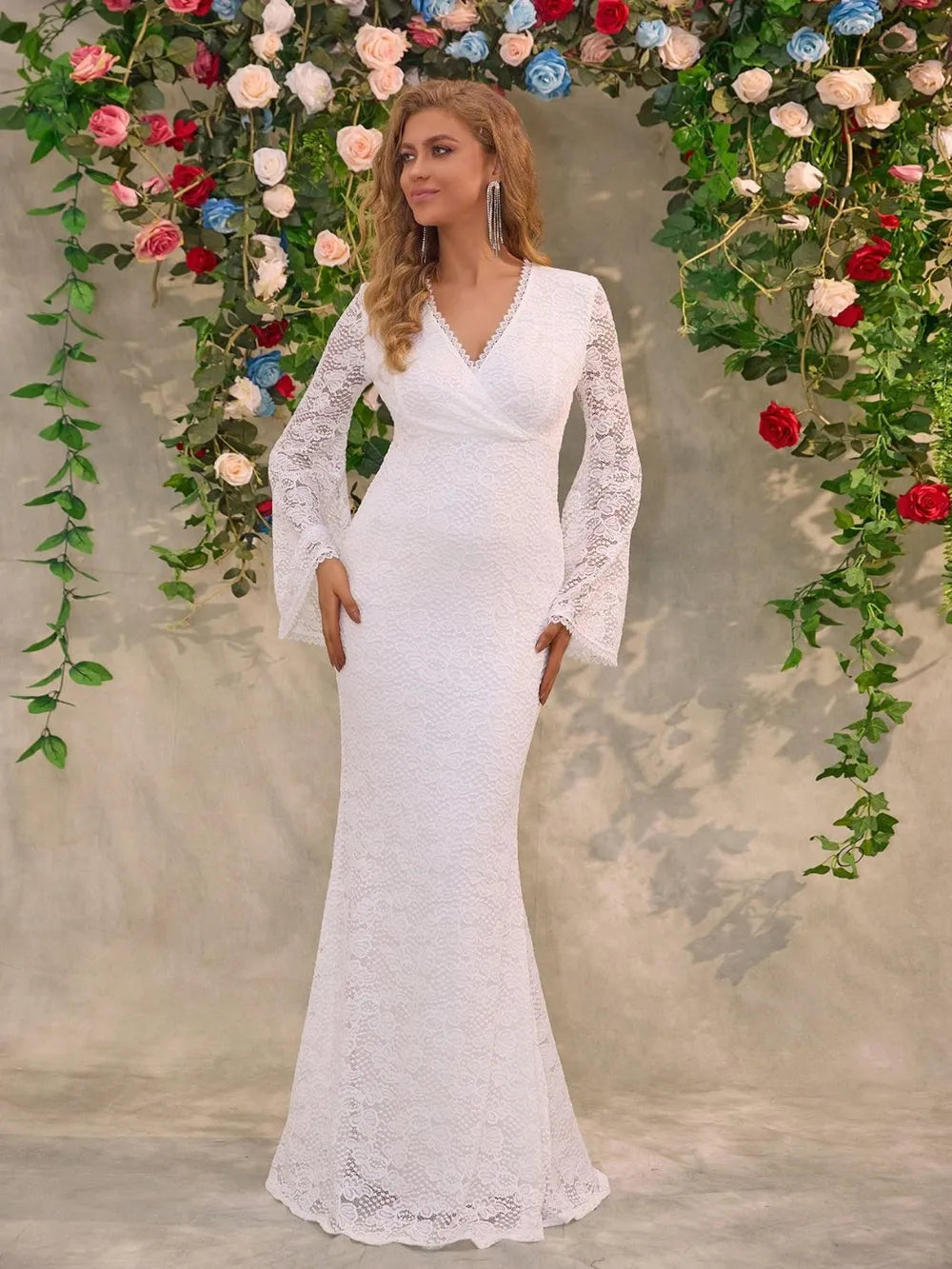 Lace Surplice Flare Sleeve Maxi Dress wedding dress Luxurious Weddings